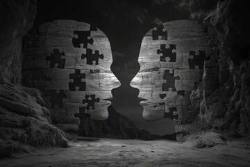 Poster - Intellectual strength Group cohesion Silhouettes of two heads with puzzle pieces missing symbolizing mental gaps communication and the search for understanding in a surreal landscape