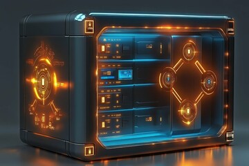 Wall Mural - A sleek futuristic safe with biometric locks and glowing symbols of encryption, highlighting modern approaches to data protection.