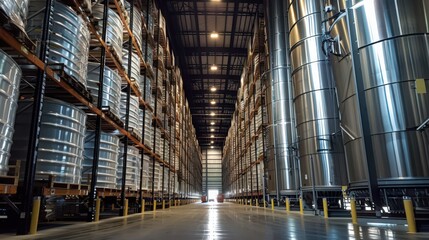 Wall Mural - A warehouse with large, high-rise shelving systems storing bulk goods, showcasing the vertical storage solutions for maximizing space