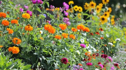 Poster - A well-tended flower garden showcasing bright marigolds, tall sunflowers, and delicate cosmos, all flourishing in well-maintained garden beds.