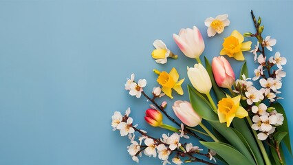 Spring background; fresh flower on blue background