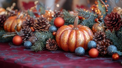 Luxury Thanksgiving card with elegant script and metallic accents, set on a deep burgundy tablecloth with seasonal decorations like mini pumpkins, pinecones