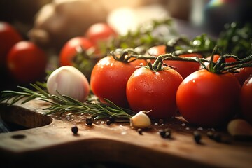 Freshly picked tomatoes resting on rustic cutting board