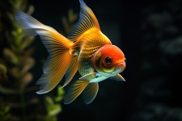 Goldfish swims in dark aquarium with vibrant orange body. Fish fins spread out, tail curled up, creating sense of motion. Eyes gaze directly at camera. Aquatic plants surround fish in center frame.