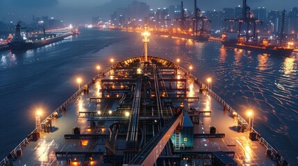 Sticker - Visualize a cargo ship at night, with its deck illuminated by bright lights and the city skyline in the distance