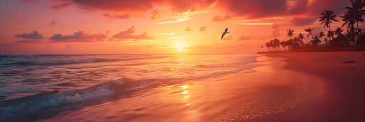 Serene Sunset Over Tranquil Beach with Silhouetted Palm Trees and Gliding Seagull