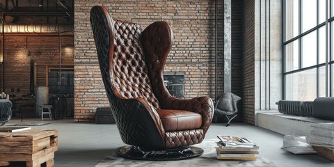 Poster - Leather armchair in an industrial loft setting.