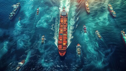 Wall Mural - Visualize a cargo ship surrounded by other vessels in a busy shipping lane, with ships of different sizes navigating through the congested waters