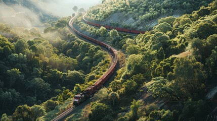 Visualize a cargo train traveling through a series of switchbacks on a steep incline, with the train curving through the landscape