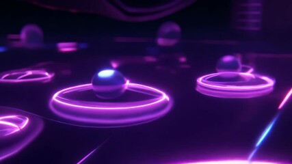 Wall Mural - glowing neon rings with reflective spheres hovering above them, creating a futuristic and vibrant de