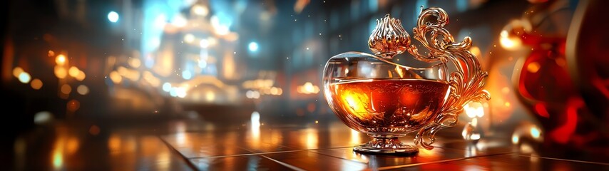 A close-up of a glass filled with amber liquid, surrounded by a blurred bar ambiance, evoking warmth and sophistication.