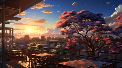 Wall Mural - illustration background of a class room with table , sunset ocean scene