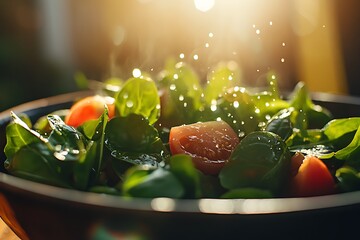 Wall Mural - Fresh salad being splashed with water droplets at sunset