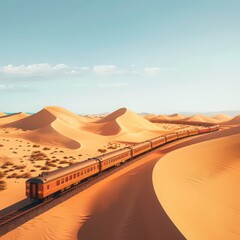 Poster - Visualize a passenger train in a desert landscape, with vast dunes and a clear blue sky