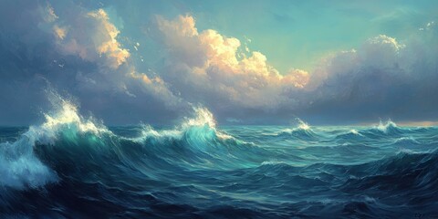 Poster - A stormy sea with crashing waves under a cloudy sky.