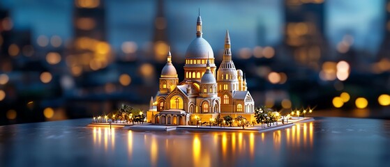 A beautifully illuminated architectural model of a historic building, set against a blurred cityscape background at twilight.