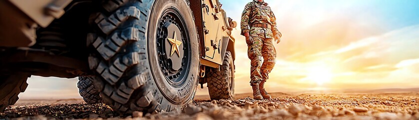 A soldier stands beside an armored vehicle, captured at sunset, symbolizing strength and resilience in challenging environments.