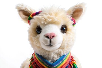 A stuffed camel with a white background, from a first-person perspective. The camel should have large humps and a colorful scarf