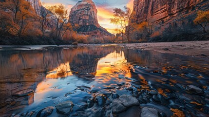 Wall Mural - Zion National Park's scenic canyon walls, bathed in the warm glow of the setting sun, create a dramatic and colorful landscape perfect for photography and reflection.