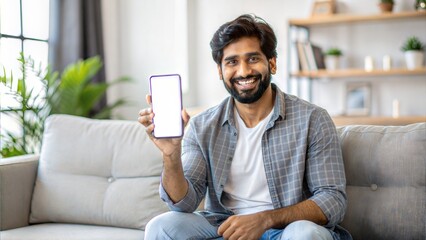 Poster -  cheerful indian guy showing smartphone