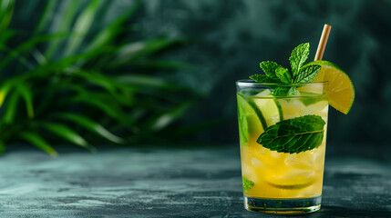 Canvas Print - Mojito Drink With Bamboo Straw Dark Background