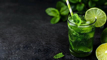 Wall Mural - Mojito Drink With Bamboo Straw Dark Background