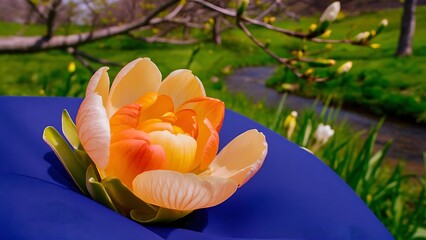 Spring background; fresh flower on blue background