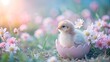 © Vera Kokorina - Easter-themed chick sitting in pink eggshell among blooming flowers in soft sunlight
