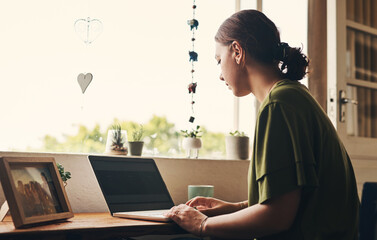 Poster - Woman, laptop and freelancer for journalism in home, online and research for writing article. Female person, check column and editing language on transcription, typing and upload journal on website