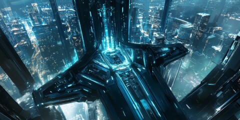 Futuristic city with glowing blue lights.