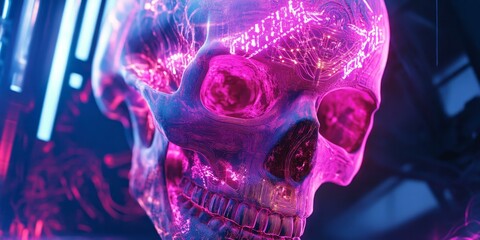 Poster - Neon pink skull with glowing lines.