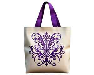 Elegant purple design on a white canvas tote bag, cut out