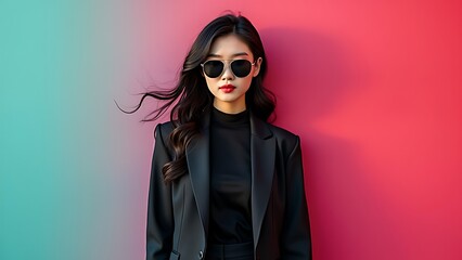 photoshoot of an elegant a Asian woman wearing sunglasses and stylish , standing in front of colorful abstract shapes