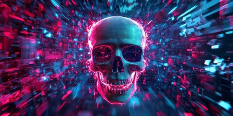 Wall Mural - Neon skull surrounded by digital particles.