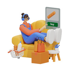 3d illustration Girl Enjoying Online Shopping Comfort