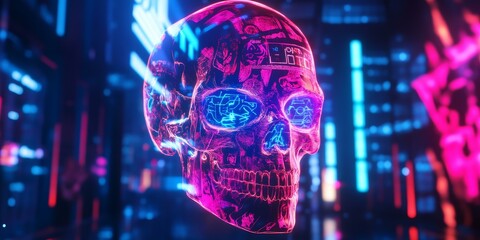 Sticker - Neon skull with glowing eyes and teeth.