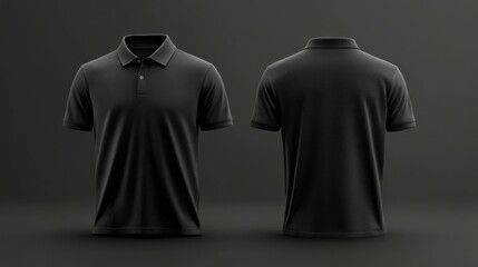 A black polo shirt mockup on a dark background, showcasing the front and back views. .