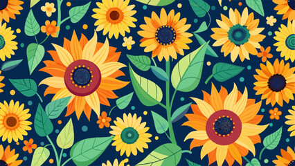 Poster - Seamless sun flowers pattern background with cute florals and mo