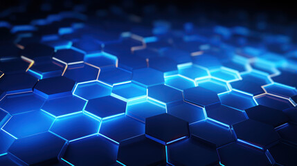 Blue hexagon background. Hexagonal structure, honeycomb pattern, metallic. Illuminated outlines. Depth and three-dimensionality. Modern, geometric, futuristic and technological design.