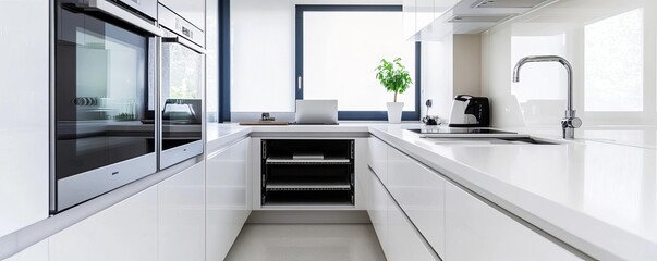 Modern kitchen with smart appliances and a hidden work area, high-tech living