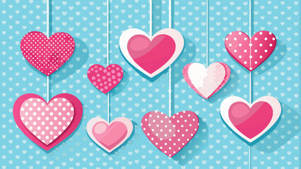 Wall Mural - Hearts hanging on cute soft blue and white dot background. Paper art style