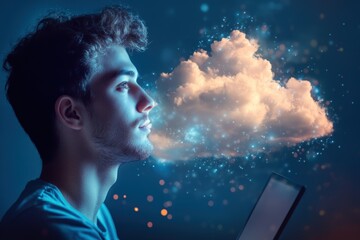 Wall Mural - Cloud Transfer: Businessman Exploring Cloud Computing Technology for Success