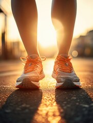 A woman's feet are shown in a pair of orange running shoes