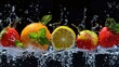 © Zam - Fresh fruit splashing into water. Vibrant healthy food concept with lemon, strawberries, apple, and orange.