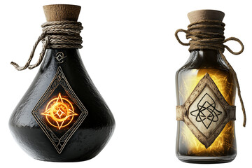 Mystical Elixirs: A pair of ornate potion bottles, one shrouded in darkness and the other radiating a golden glow, hint at powerful magic and ancient alchemy, isolated on transparent background. 