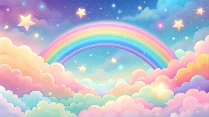 Holographic fantasy rainbow background with clouds and stars. Pastel color sky.Cloudy sky background. Unicorn fantasy pastel galaxy. Rainbow cute wallpaper. Fluffy magic pink landscape