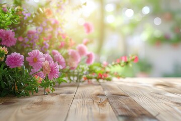 Wall Mural - a wooden table with a vase of flowers on it