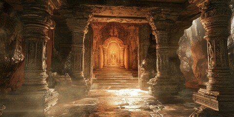 Ancient stone hallway leading to a golden doorway.