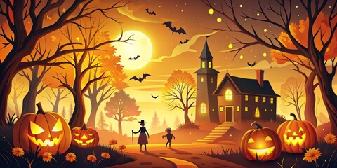 spooky autumn night vector illustration for fun halloween party atmosphere with bright orange and yellow colors and playful horror movie style