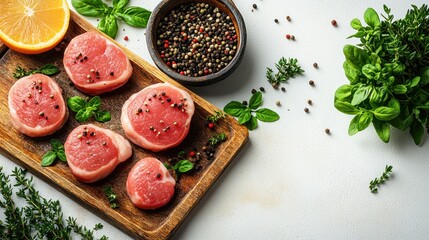 Pork tenderloin rests on a wooden board, garnished with fresh herbs and spices